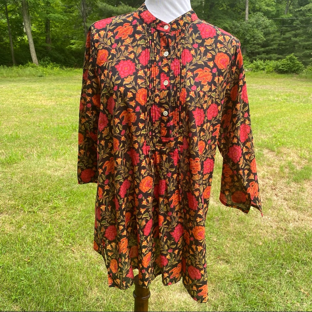 PASSEMENTRIE TOP TUNIC BLACK PINK FLORAL MANDARIN COLLAR 3/4 SLEEVE SIZE L